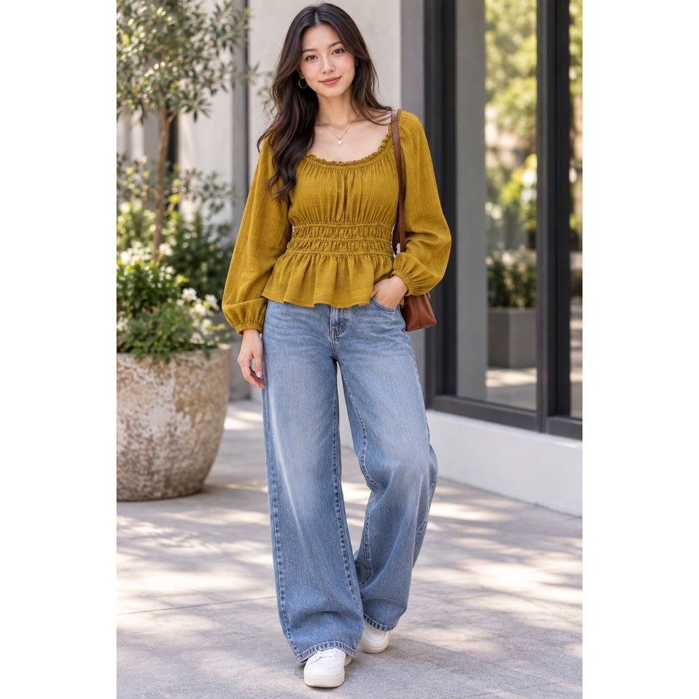 Madewell XL Mustard Yellow Textured Peplum Blouse Smocked Waist Boho Top Preppy